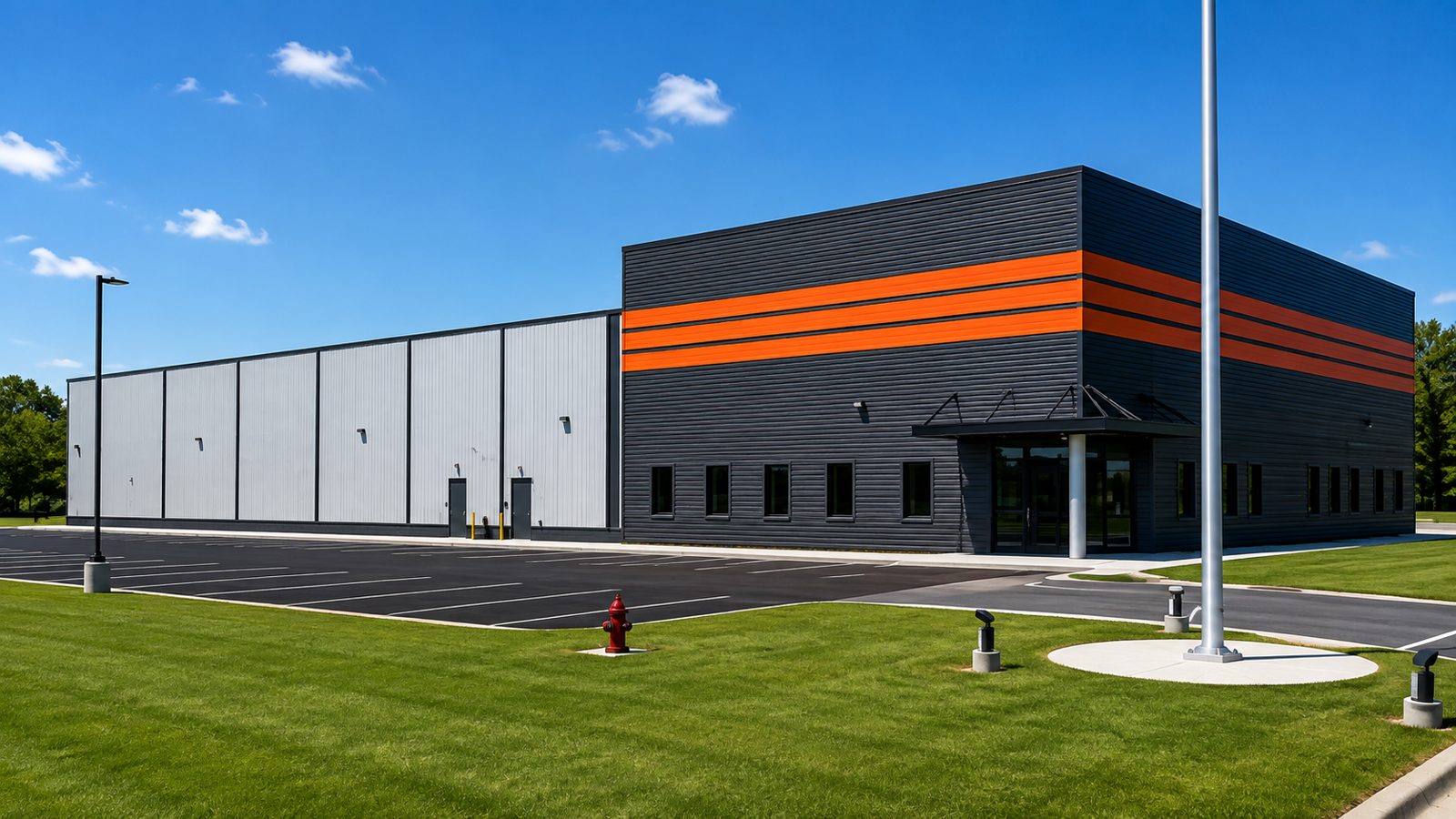 Modern pre-engineered commercial office and warehouse with orange accent banding