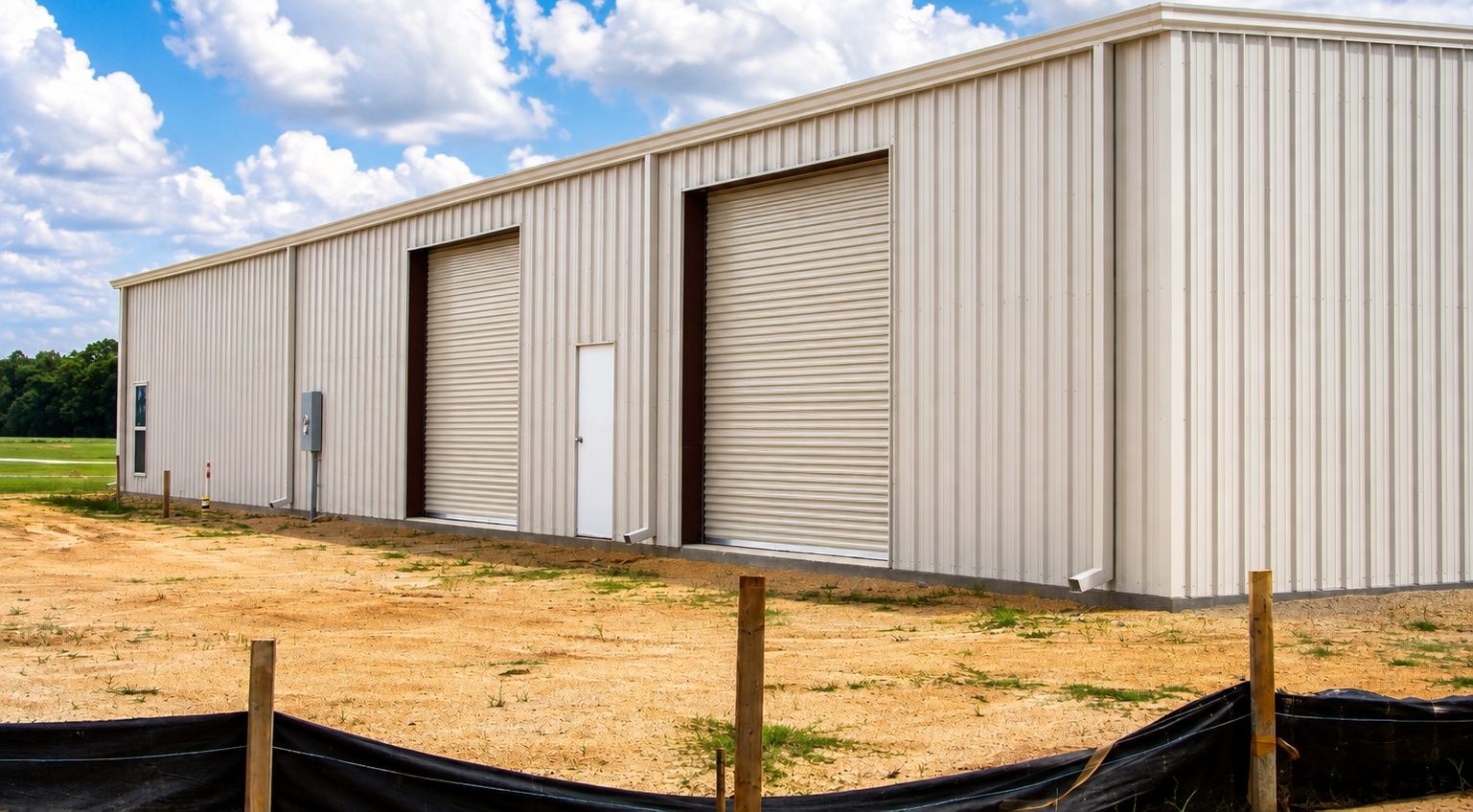 Tan pre-engineered steel shop building with a roll-up door