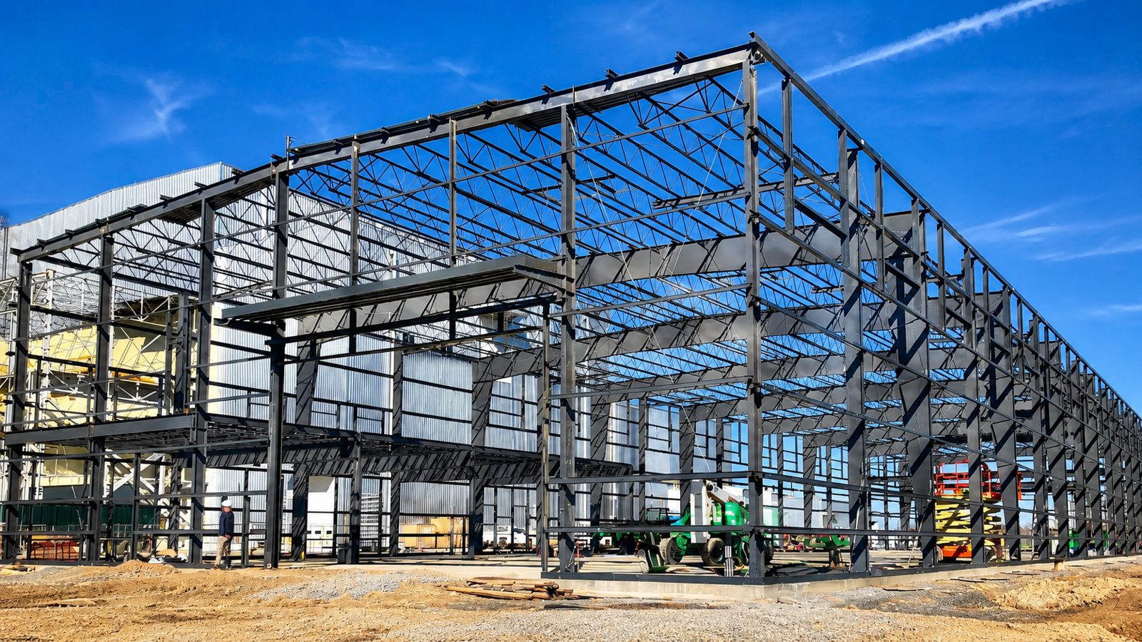 Red iron primary frame of a large pre-engineered steel building under erection