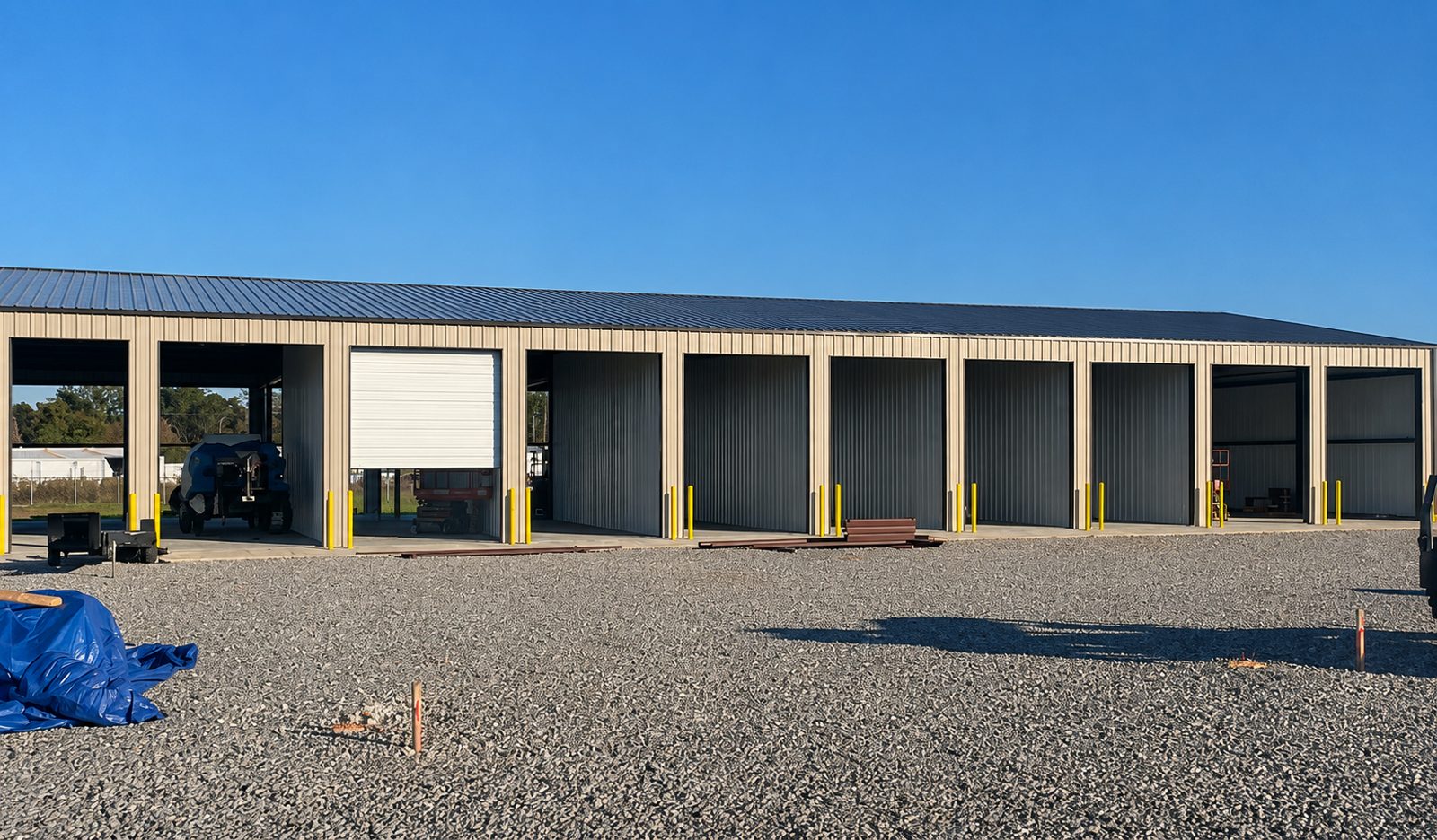 Pre-engineered building with open equipment bays and overhead doors