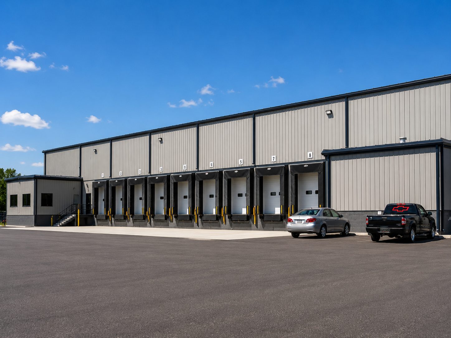 Long pre-engineered metal building with a row of fleet service bays