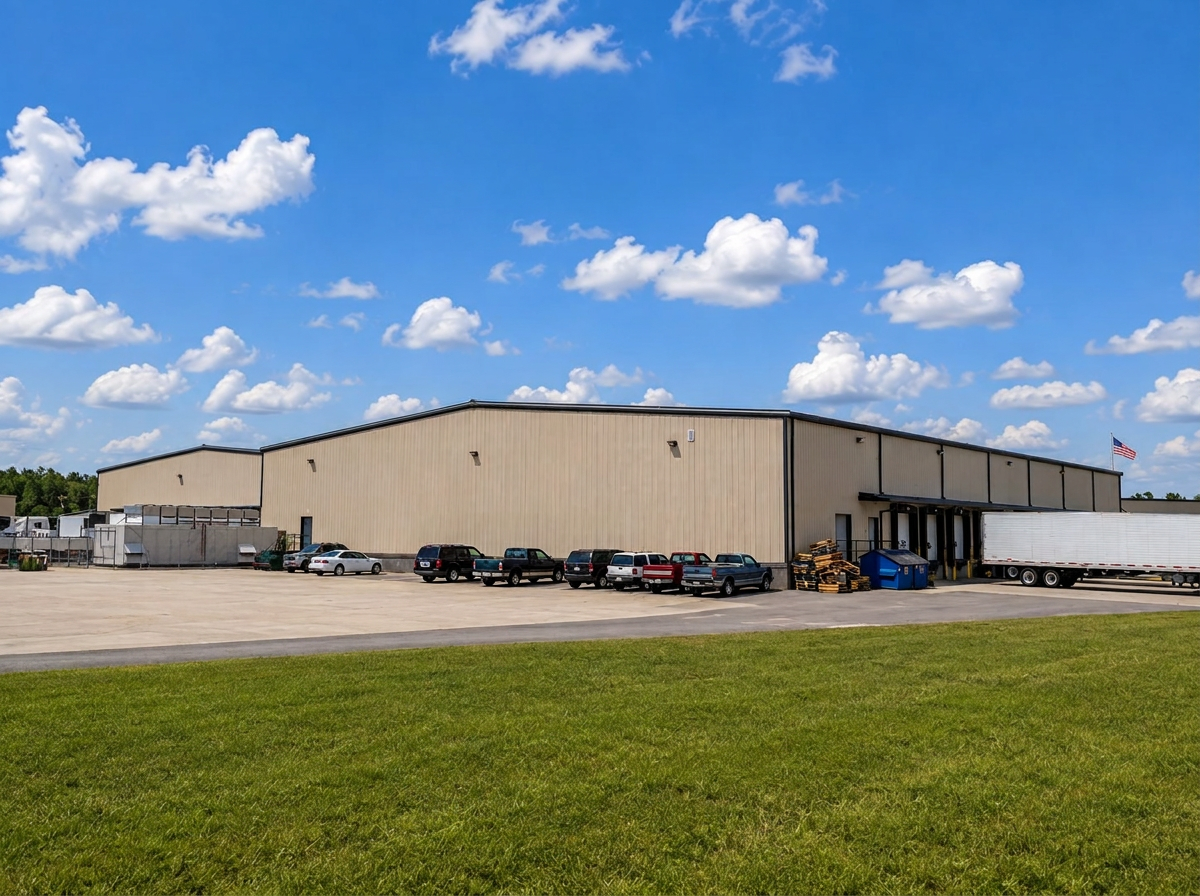 Large distribution facility with loading docks built from pre-engineered steel